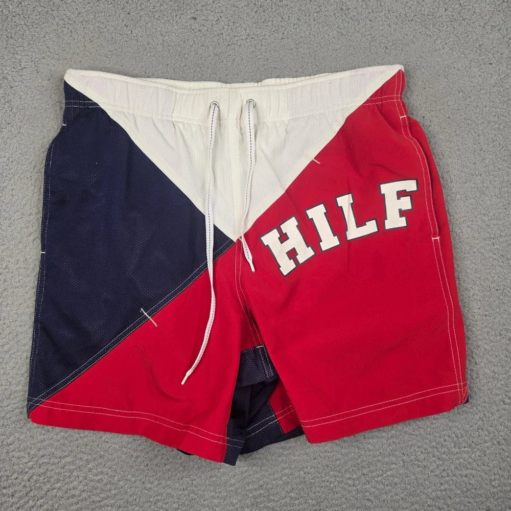 Vintage Tommy Hilfiger Swim Trunks Mens Medium 33 Colorblock Red White Navy Logo